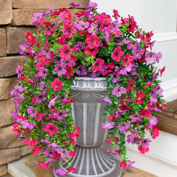 HyeFlora 2Pcs Artificial Flowers for Outdoors, Summer Fake Hanging Floral Decoration, Purple and Hotpink Lifelike Plants, UV & Fading Resistant Silk Flower for Enterwa Patio Balcony Front Yard
