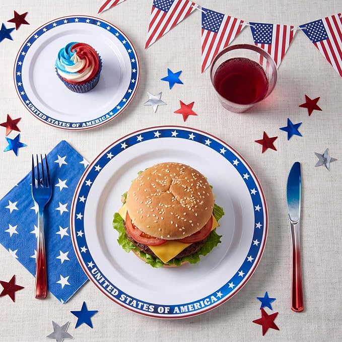 Goodluck 100Pcs 4th of July Plastic Plates, 50 10.25" Dinner & 50 7.5" Dessert Plates, Patriotic Red White and Blue Tableware with USA Flag Design for Independence Day BBQ