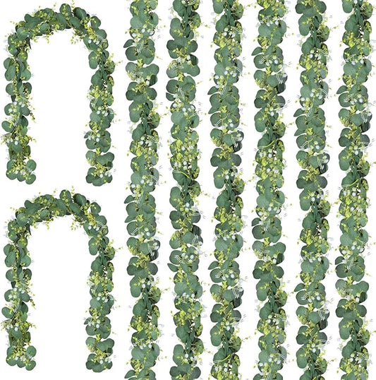 CQURE 8Pcs Eucalyptus Garland,Artificial Eucalyptus Leaves Table Greenery Garland Wreath Vines for Wedding Party Table Bedroom Wall Decor