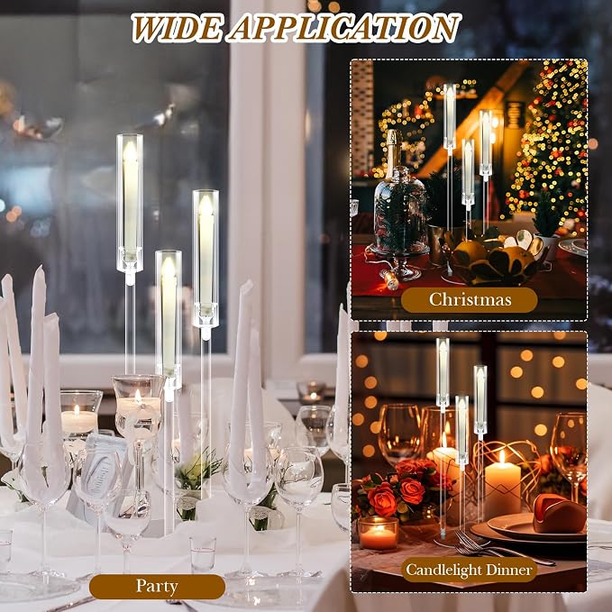 Layhit 6 Set Wedding 3 Arm Acrylic Candelabra Table Centerpiece 38.6" Clear Tall Floor Candle Holder with Shade Pillar Taper Stand for Dining Party Anniversary Birthday Easter Fit 0.87 LED Candle