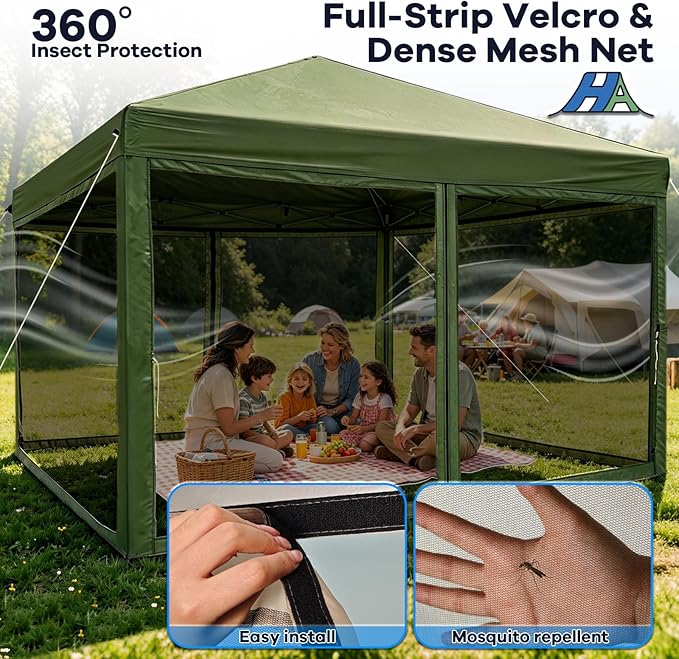 8x8 Pop Up Canopy with Mosquito Netting, Ez Up Portable Waterproof Instant Outdoor Screen Shelter, Pop Up Tent for Patio, Backyard, Parties, Camping and Events, Army Green