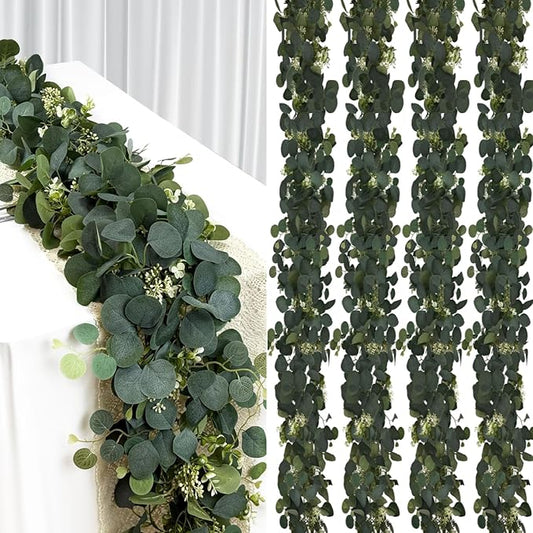 4Pcs 6FT Eucalyptus Garland, Green Garland with Flowers,Artificial Faux Greenery Vines for centerpieces Wedding Party Table Runner Room Home Mantle Decor