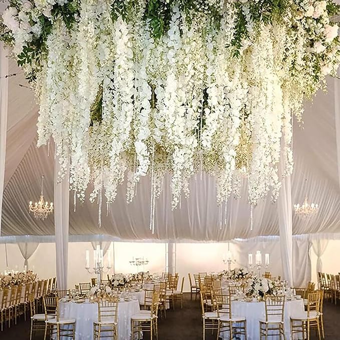 24 Pack White Wisteria Hanging Flowers Garland, 3.77 Feet Artificial Flower Vines, Fake Wisteria, Artificial Vines Hanging Garland for Backdrop Outdoor Yard Garden Decor