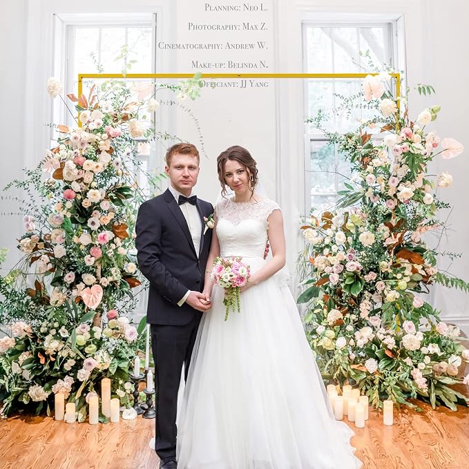 Fomcet 6.6FT x 6.6FT Gold Metal Square Backdrop Stand and Black Wedding Arch Cover Spandex Fabric for Birthday Party Baby Shower Anniversary Arch Stand Decoration