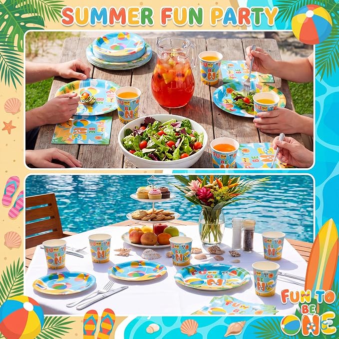 Pickmesh 250 Pcs Beach Ball Party Supplies Summer Beach Ball 1st Birthday Paper Plates Napkins and Cups Disposable Tableware Set Fun to Be One Party Decor for Hawaiian Pool First Birthday Serve 50