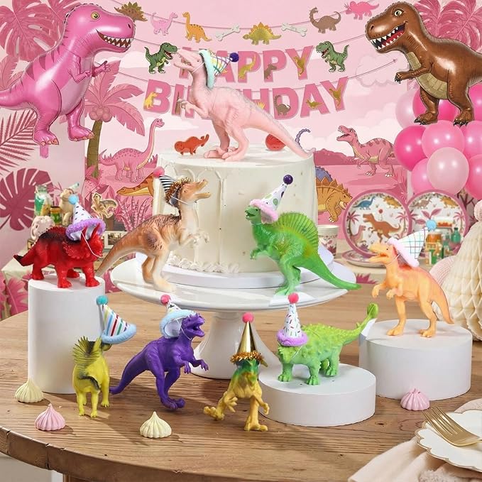 Colingmill 18 Pcs Colorful Dinosaur Birthday Party Decorations Mini Birthday Hat Animal Figure Model Cake Toppers with Mini Hat for Animals Themed Party