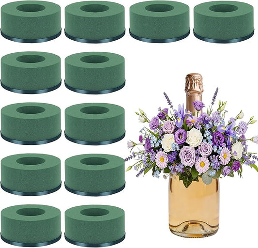 12 Pcs Mini Floral Foam Holder for Wine Bottle, Green Floral Foam Round with Plastic Base, Floral Arrangement Supplies for Wedding Party Table Wine Bottle Decor (12)