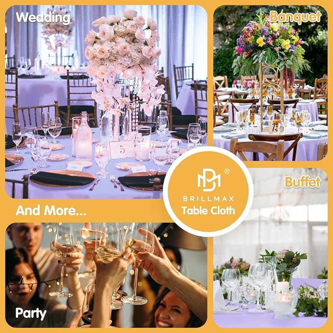 BRILLMAX 4 Pack Lavender Round Tablecloths 108 Inch for 48” Tables - 150 GSM Polyester Fabric, Floor Length Drop, Water, Stain & Wrinkle Resistant Cloth Cover for Wedding Reception Banquet Dining