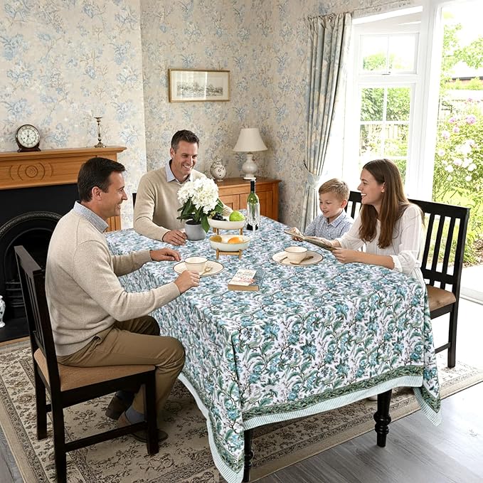 Ridhi Sage and Russian Green Hand Block Print Cotton Rectangle Tablecloth 160" x 72" inches Reusable Table Cover Decorative Everyday Use for Dining Room, Farmhouse, Home Gift for Spring, Mother's Day