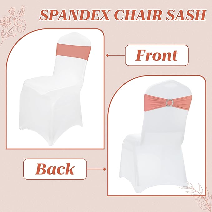 VDS - Coral Peach | Spandex Chair Sashes Bows | 50 PCS | Stretch Elastic Banquet Universal Folding Chair Band Tie with Silver Buckle Slider for Wedding Party Conference Celebration Event Decoration