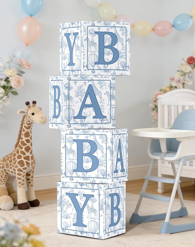 KARAQY Blue Safari Baby Shower Decorations - 4PCS Blue Toile de Jouy BABY Boxes, Jungle Animals Party Boxes for Birthday, Baby Shower Party Supplies (11.8 * 11.8 * 11.8 inches)
