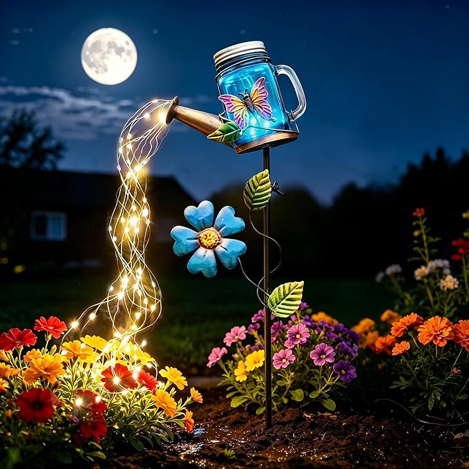 SRNPMIU Solar Watering Can Light, Yard Outdoor Decor Lights, IP65 Waterproof, Hanging Butterfly Garden Light, Outside Garden Flower Bed Decor, Women Gift, Birthday Gifts