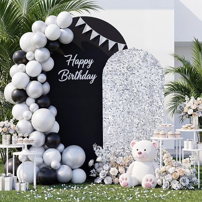 Black and Silver Arch Covers 7.2 and 6FT Sequin Arch Backdrop Cover Set of 2, Spandex Fitted Bling Sequin Arch Stand Covers for Birthday Party Ceremony Baby Shower Banquet Decoration