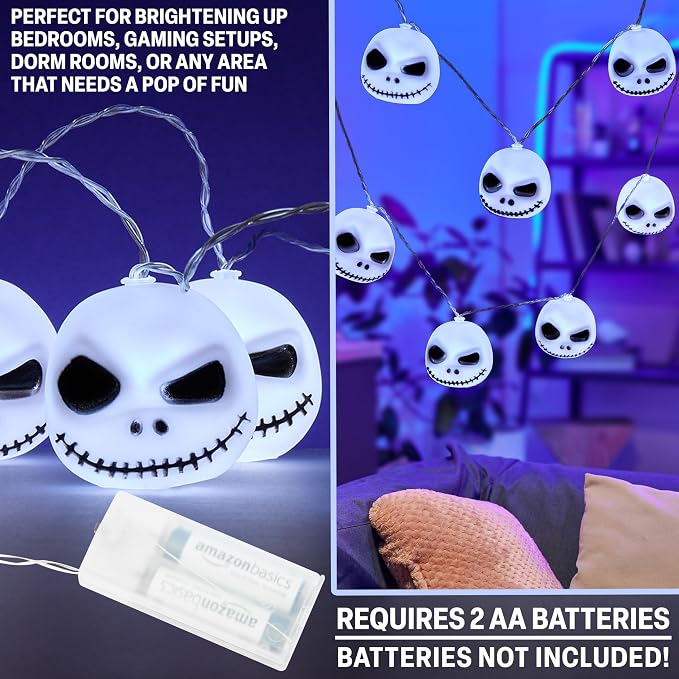 Disney The Nightmare Before Christmas LED String Lights for Kids, Teens, Adults, 10 Jack Skellington 65” Fairy Lights, Gifts for Kids (White Nightmare Before Christmas)