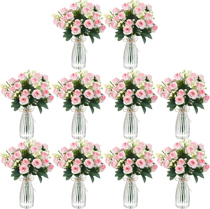 Zeyune 31 Pcs Rose Artificial Flowers with Vase Bulk for Table Centerpiece, 20 Bundles Fake Silk Roses 10 Plastic Clear Vase with 1 Pcs Rope Arrangement Decoration Wedding Home Party(Pink)