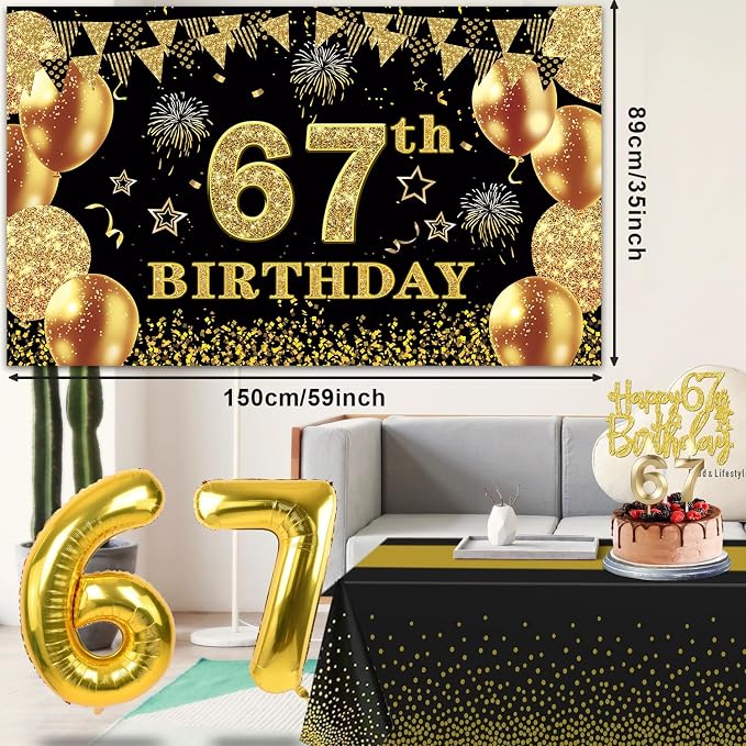 67th Birthday Decorations Men Women with 67th Birthday Banner, Black and Gold Table Cloth, Number Balloons, Sash, Cake Topper and Candles