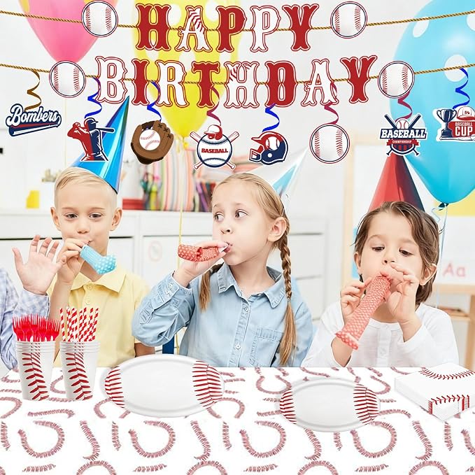 163pcs Baseball Party Supplies Set, Complete Decoration Kit with Plates, Napkins, Banner, Tablecloth, Cake Toppers for Birthday Party, Serves 24