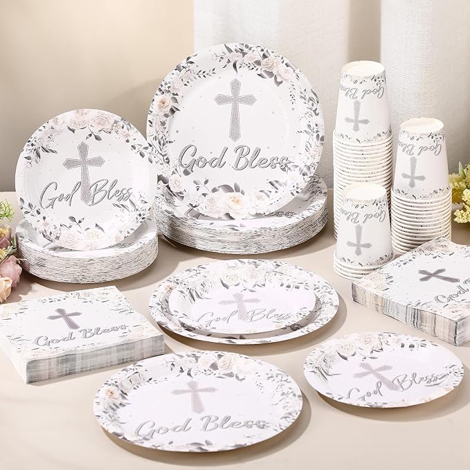 Pickmesh 250 Pcs Silver Baptism Cross Disposable Tableware Set Confirmation Baptism Disposable Paper Plates Napkins Cups for First Holy Communion Christening Baby Shower Religious Supplies, Serve 50