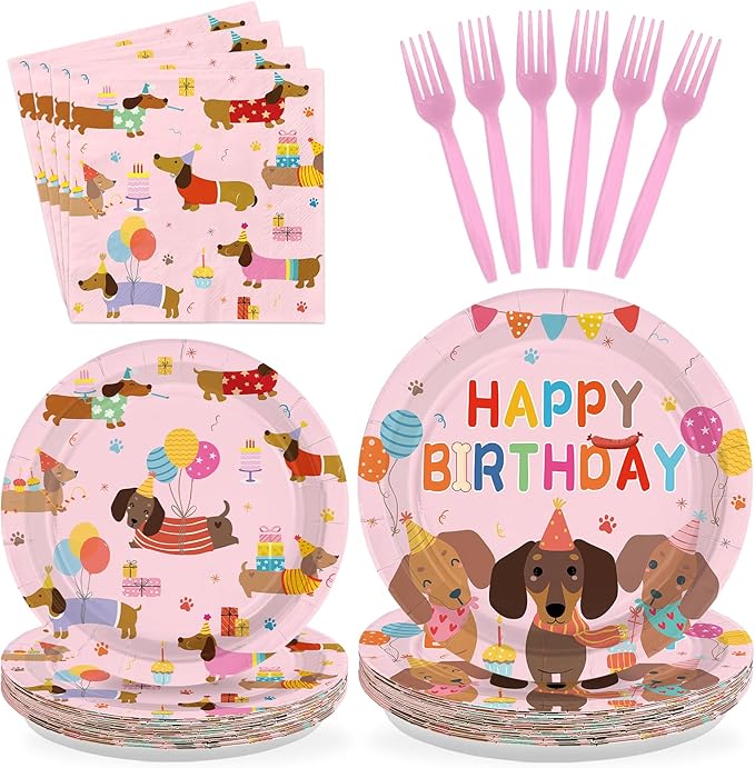 96Pcs Dachshund Dog Birthday Party Decorations, Serves 24 | Pink Wiener Dog Puppy Plates and Napkins Cartoon Puppy Pet Disposable Paper Tableware Set for Kids Birthday Party Supplies