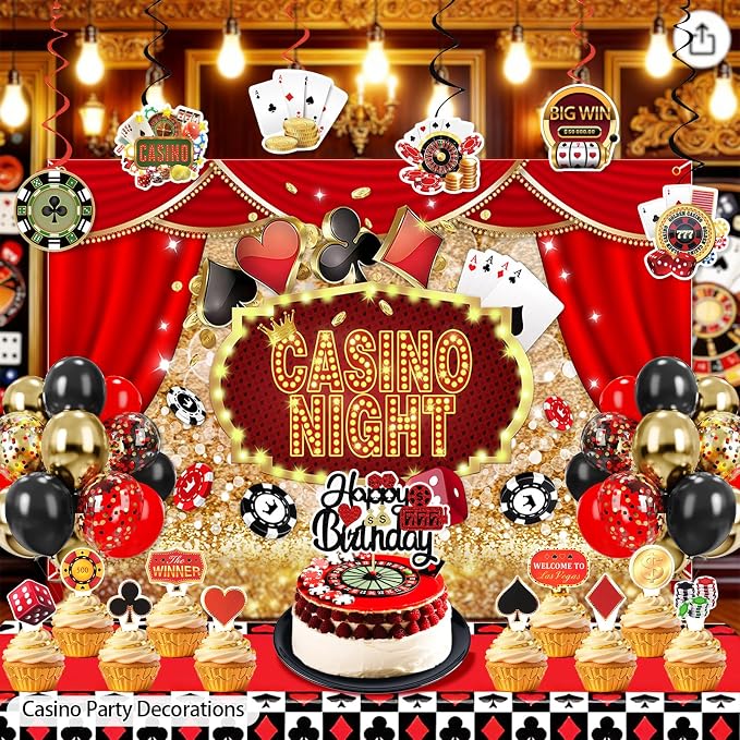 Casino Birthday Decorations - Casino Theme Birthday Backdrop, Banner, Hanging Swir, Latex & Foil Balloons, Cake & Cupcake Toppers for Poker Party Decorations