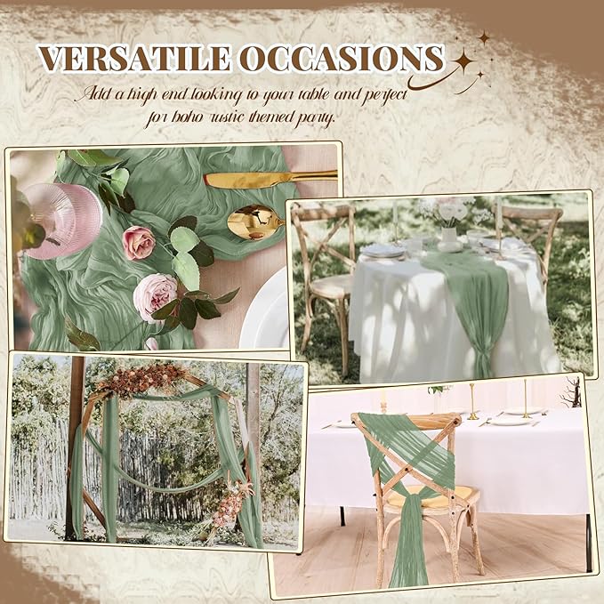 Pesonlook 24 Pack Sage Green Table Runner, Cheesecloth Table Runner Long Romantic Semi Sheer Rustic Boho Gauze Table Runners for Wedding Bridal Shower Birthday Party Decorations(17.7×108 Inch)