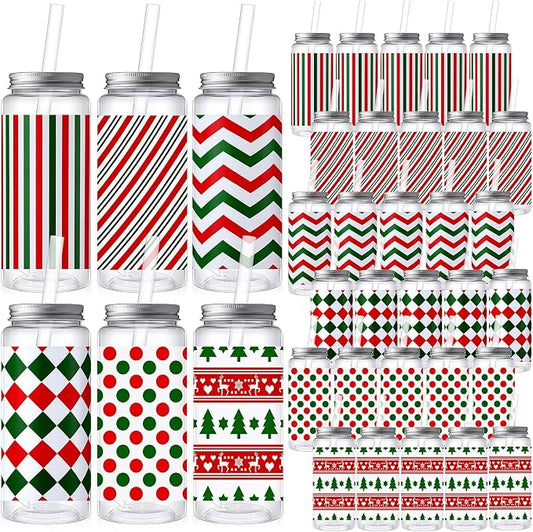 Skylety 30 Pcs Christmas Plastic Cups with Lids and Straws 13.5 oz Red and Green Striped Reusable Plastic Tumbler Christmas Party Decor for Xmas Women Birthday Party Supplies