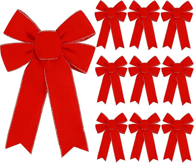 Hongsome 10 Pack Red Bows Christmas Tree Decorations,9”x13”Large Velvet Ornament Bow with Glitter Gold Edge for Xmas Home Wreath Fence Stairs Railing Fireplace Indoor Outdoor Front Door Decor