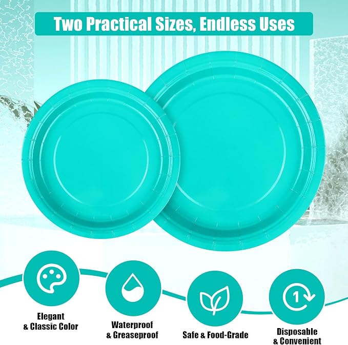 Kochorie 350 Pieces Teal Blue Dinnerware Set, 7 & 9 inch Dessert Paper Plates Cups Napkins Plastic Cutlery Disposable Party Supplies for Birthday Baby Shower Wedding, Serve 50 Guests