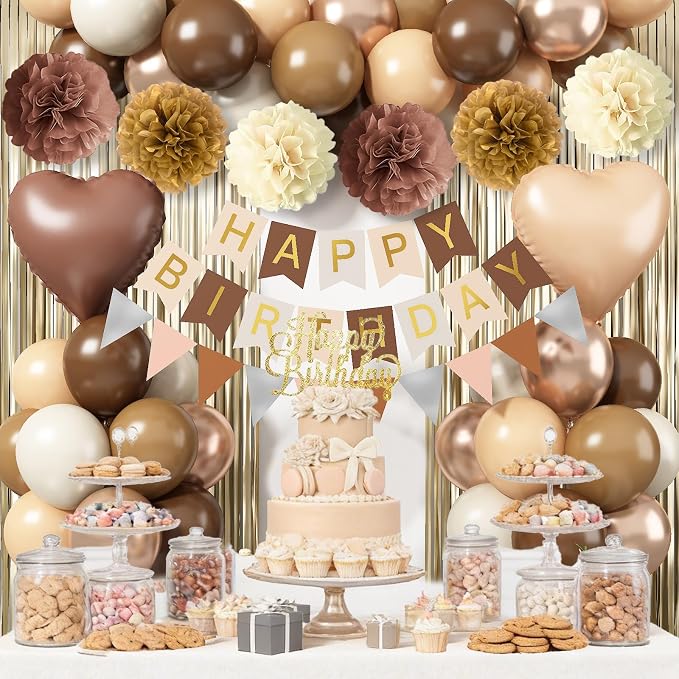 Brown Birthday Decorations, Tan Beige Cream Neutral Boho Balloons Happy Birthday Banner Fringe Curtain Heart Foil Balloons for Women Boys Girls Boho Baby Shower Bachelorette Party Decoration Supplies