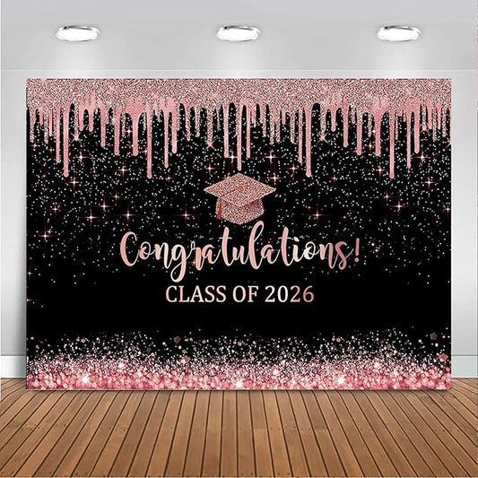 Mocsicka Black and Rose Graduation Backdrop Class of 2026 Photography Background 2026 Graduation Party Decorations Congrats Grad Cake Table Banner