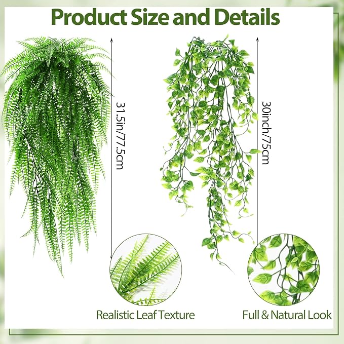Daifunli 12 Pcs Artificial Hanging Plants Fake Hanging Ferns Plastic Fake Plant for Wall Room Garden Garland Indoor Outdoor Decor No Basket (Ivy,Boston Ferns)