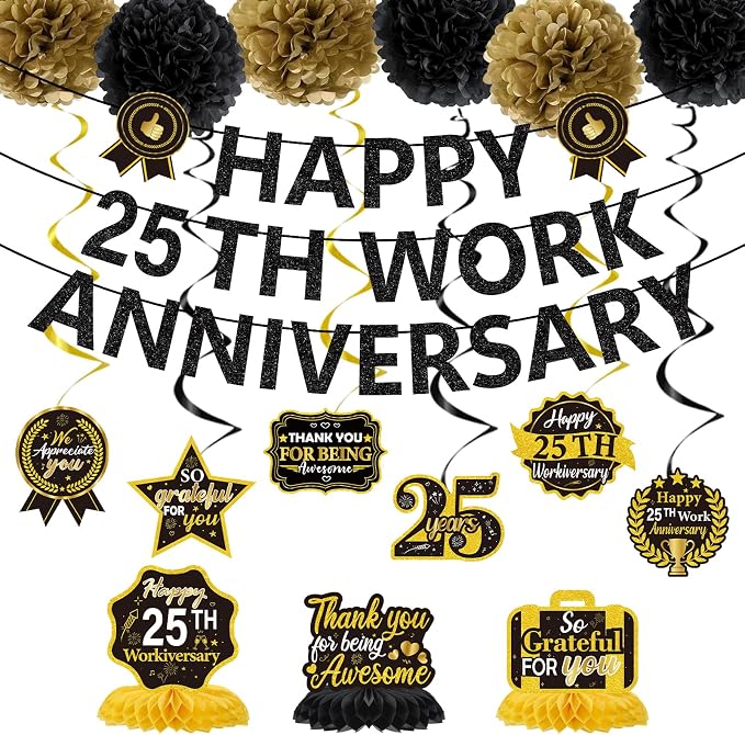 25th Work Anniversary Party Decorations - 17PCS Black Gold 25th Work Anniversary Banner Hanging Swirls Honeycomb Centerpieces Pompoms Decor, Workiversary Office Appreciation Supplies