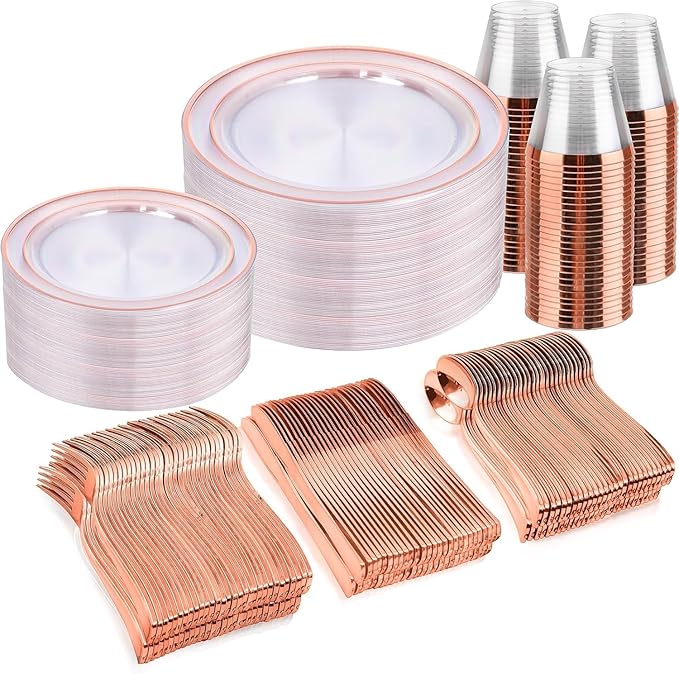 bUCLA 300PCS Rose Gold Plastic Dinnerware - Clear Dinnerware Set Disposable Include 50 Dinner Plates,50 Dessert Plates,50 Knives,50 Forks,50 Spoons,50 Cups for Party & Wedding