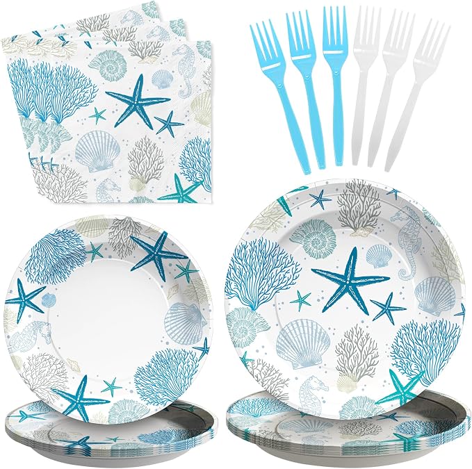 96Pcs Coastal Beach Party Decorations Blue Seashell Starfish Coral Plates and Napkins Sets Nautical Ocean Birthday Party Decorations for Summer Beach Baby Shower Wedding Party Supplies Serves 24