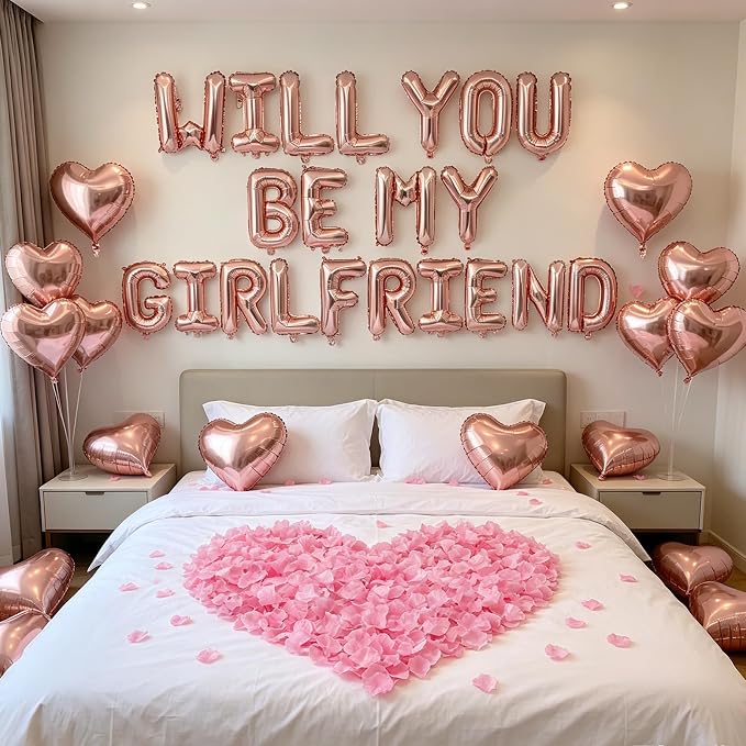 2 Set Rose Gold Will You Be My Girlfriend Balloons - 42pcs 16" Letter Balloons 1200pcs Pink Artificial Rose Petals 10pcs 18" Heart Balloon Alphabet Foil Mylar Balloon for Valentines Day Decorations