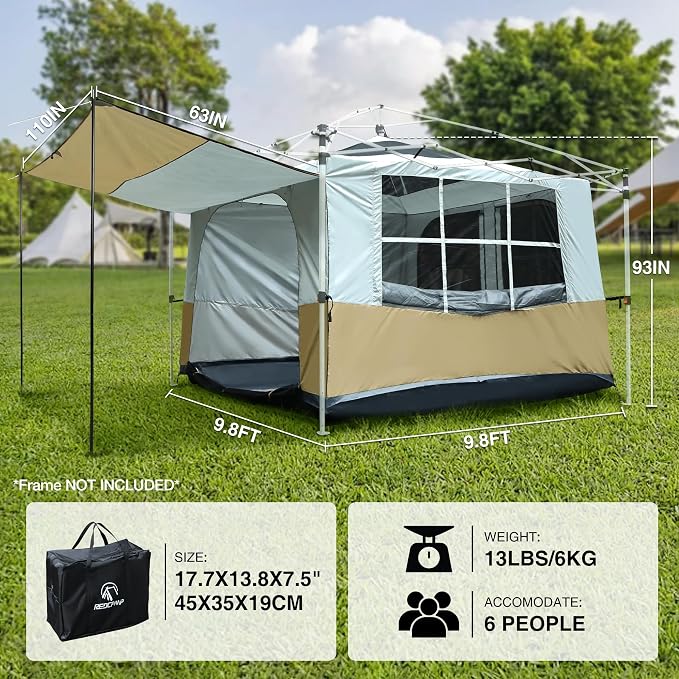 REDCAMP Camping Inner Tent for Pop Up Canopy, 10"x10", 4-6 Person, Khaki | Cube Tent Converts Straight Leg Canopy, Fully Vented Roof, Frame/Shelter NOT Included