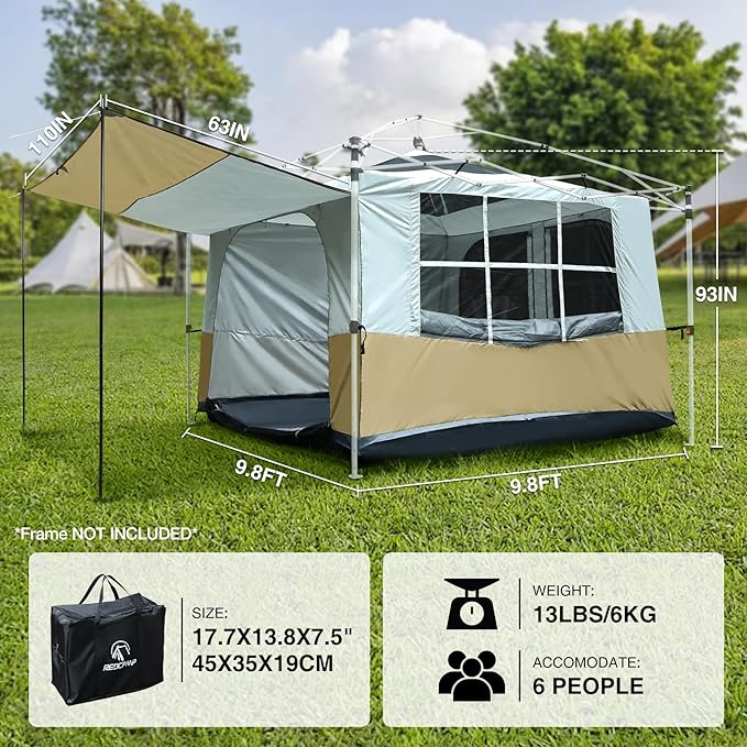 REDCAMP Cube Inner Tent for 10'x10' Pop Up Canopy - 118" L x 118" W x 78" H, Converts Straight Leg Canopy into Camping Tent, Fully Vented Roof, 4-6 Person Khaki (Frame/Shelter NOT Included)