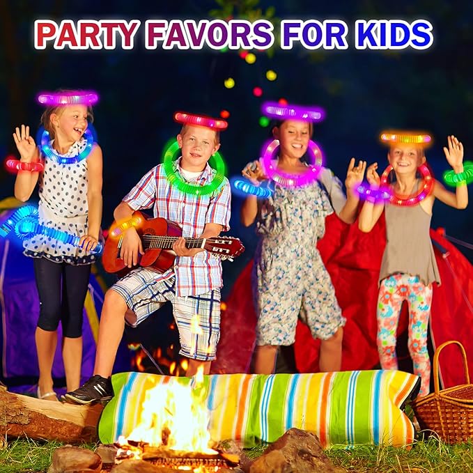 Glow Sticks Camping Toys Gifts for Kids 36 PCS, Light up Pop Tube Bracelet Necklace for Toddlers, Glow in the Dark Party Favors Decorations for 4th of July, Graduation Activities Prizes for Boys Girls