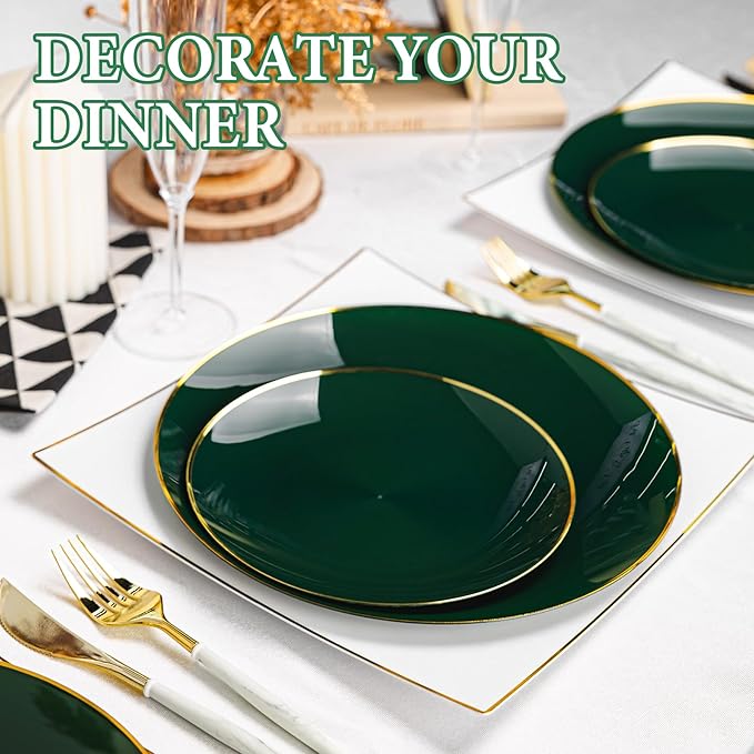 Lullaby 100PCS Green and Gold Plastic Plates, Disposable Green Plastic Plate with Gold Rim, 50PCS Dessert Plates 7" and 50PCS Dinner Plates 10", Perfect for Party Wedding and Daily Use