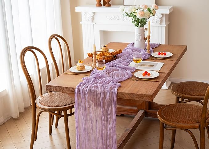 FEXIA Lilac Cheesecloth Table Runner 35x120 Inches Spring Easter Gauze Lavender Table Runners for Mother's Day Bridal Shower Wedding Party First Communion Centerpiece Engagement Decoration