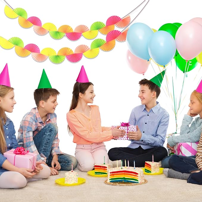3 Pack Neon Paper Fans Garland 15.6ft Colorful Background Ceiling Hanging Decorations Paper Garland Decorations Set for Birthday Neon Party Supplies 3D Bachelorette Party Decoration(Bright)