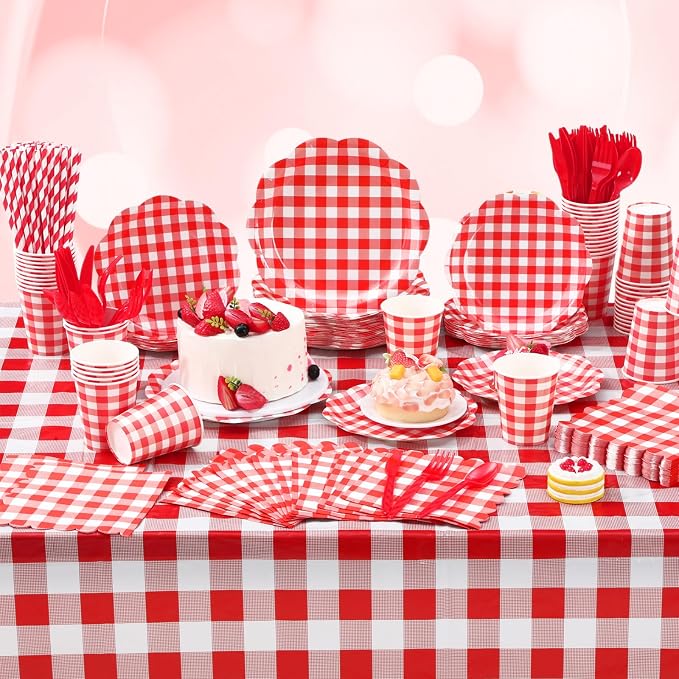 Funnymoom 452 Pcs Red Gingham Party Supplies for 50, Red and White Gingham Checkered Paper Plates Napkins Cups Tablecloth Cutlery Straws for Birthday Family Picnic Camping Barbecue Party Decoration