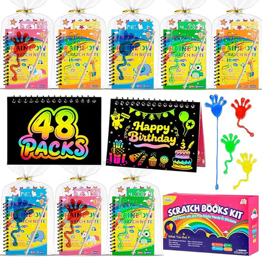 JMMICO 48*3 Packs Scratch Art Notebook+Sticky Hands+Stickers,Easter Party Favors for Kids 4-8-12,Return Gifts for Birthday Party Bulk Toys,Goodie Bags Stuffers, Classroom Prizes Students Gifts