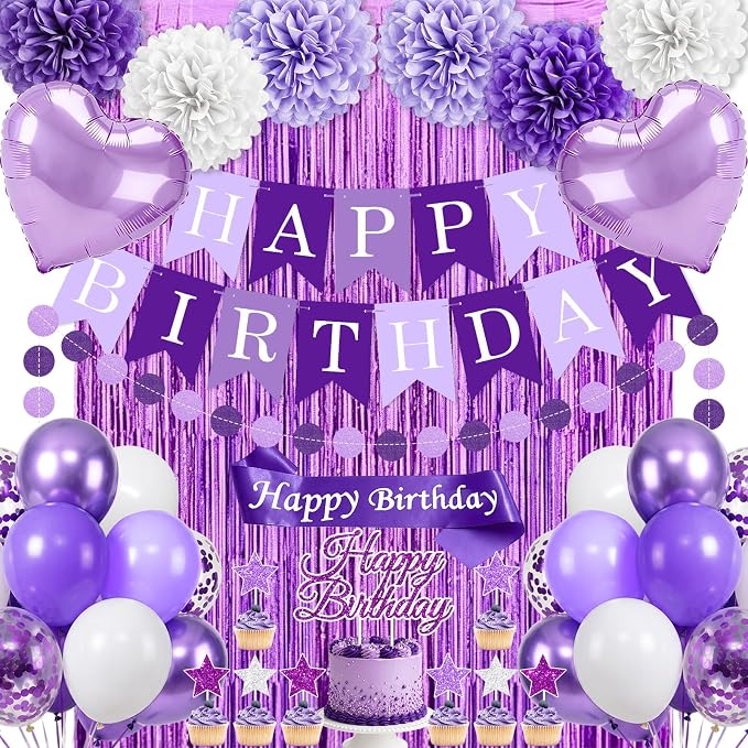 Purple Birthday Decorations, 50PCS Happy Birthday Decorations for Women Include Banner Balloons Sash Foil Fringe Curtain Paper Pompoms, Purple Party Decorations for Girls Women