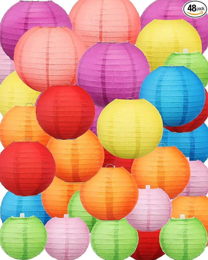 Treela 48 Pcs Paper Lanterns Party Decorations Chinese Round Paper Decor 4/6/8/10 Inch Asian Hanging Lamps Decorative for Graduate Wedding Birthday Party Bridal Parties Supplies(Multicolor)