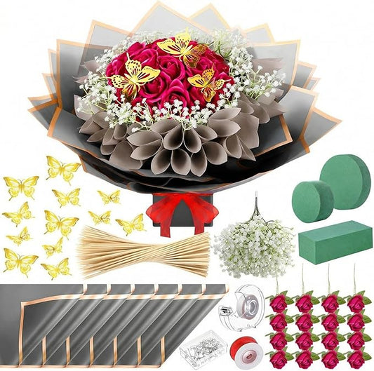 Marspark Christmas Money Bouquet Kit Cash Gifts Include 20 Sheet Flower Wrapping Paper 36 Fake Flower 100 Bamboo Skewer 3 Floral Foam Block Gift for Anniversary Birthday Wedding(Magenta,Classic)
