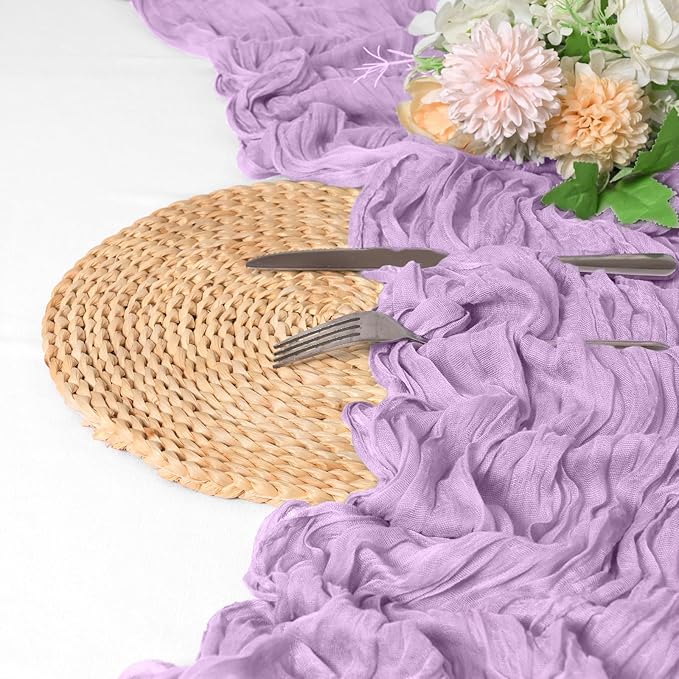 12 Pack Lavender Cheesecloth Table Runner 10FT Lilac Purple Boho Gauze Cheese Cloth Table Runner Rustic Sheer Fabric Table Runners for Wedding Bridal Shower Baby Shower Party(21.5×120 Inch)