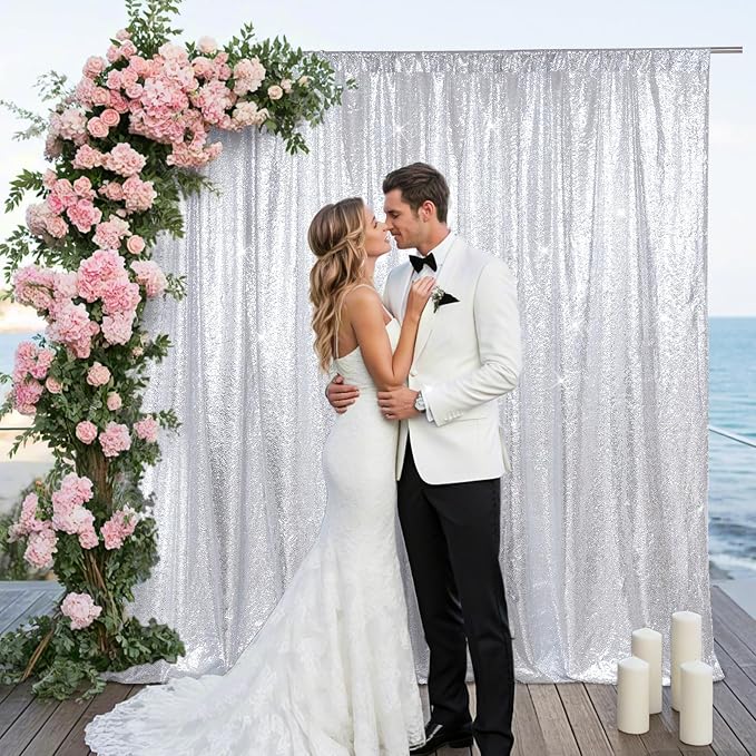 SquarePie 6x8ft Silver Sequin Backdrop for Photography, Satin-Backed Real Sequin Curtain, Enhanced Coverage Shimmering Background with 4" Rod Pocket for Wedding, Birthday, Party Decor, 1 Panel