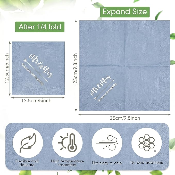 Teling 400 Pcs Wedding Napkins for Reception, 3 Ply Mr Mrs Wedding Cocktail Napkins for Engagement Bridal Shower Party Supplies Beverage Dessert Table Decorations(Haze Blue)