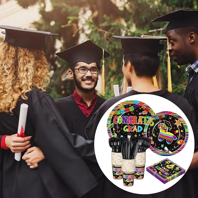 Yungyan 252 Pcs Mexican Graduation Fiesta Party Tableware Set Mexican Graduate Plates Napkins Cups Forks Knives Spoons for Mexico Graduate Party Decorations Supplies 36 Guests